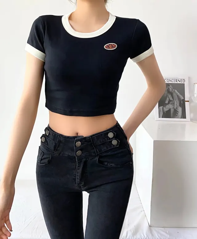 T shirt In Contrast Color Women's Short High Waist Slim Top Black - Shop at LoveMi