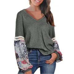 New European And American Autumn And Winter V-neck Waffle Loose Printed Long-sleeved T-shirt - Gray - View 1