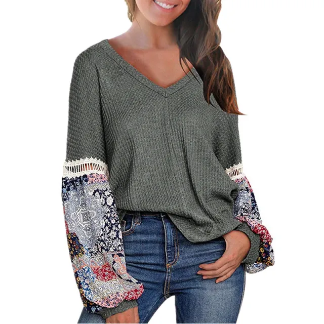 New European And American Autumn And Winter V neck Waffle Loose Printed Long sleeved T shirt Gray - Shop at LoveMi