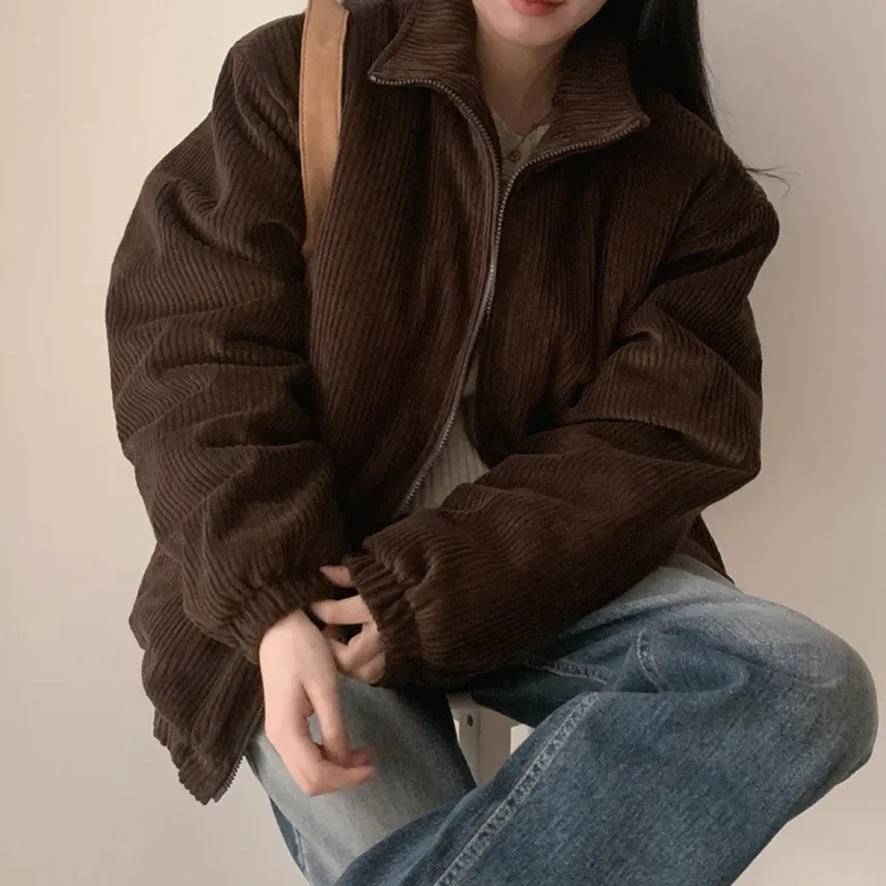 Lapel Sunken Stripe Design Loose Corduroy Cotton-padded Short Coat For Women