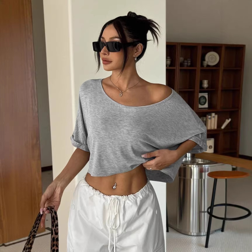 Casual Womens Off-Shoulder Midriff-Baring Sexy Short T-Shirt Top