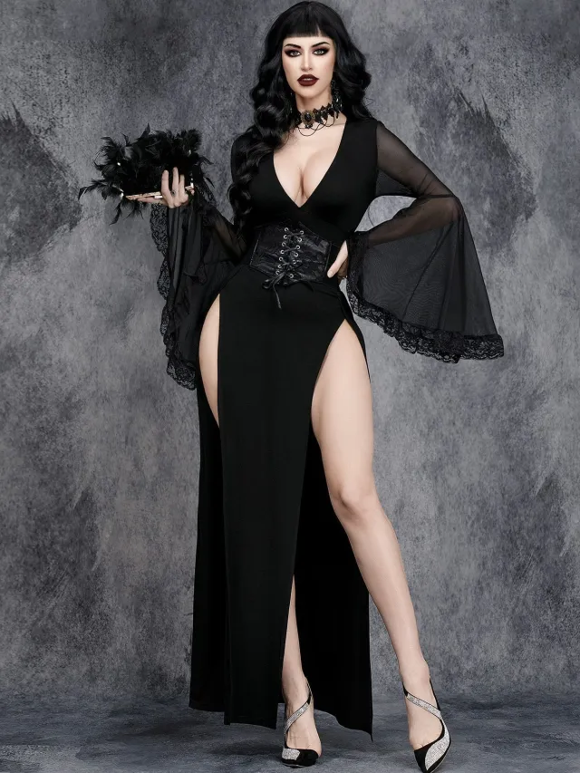 Gothic Dark Split Flare Sleeve Lace Stitching Dress Black - Shop at LoveMi