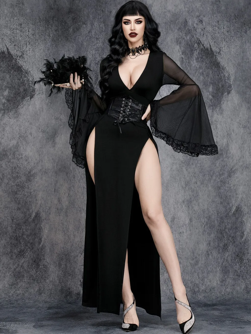 Gothic Dark Split Flare Sleeve Lace Stitching Dress - Black