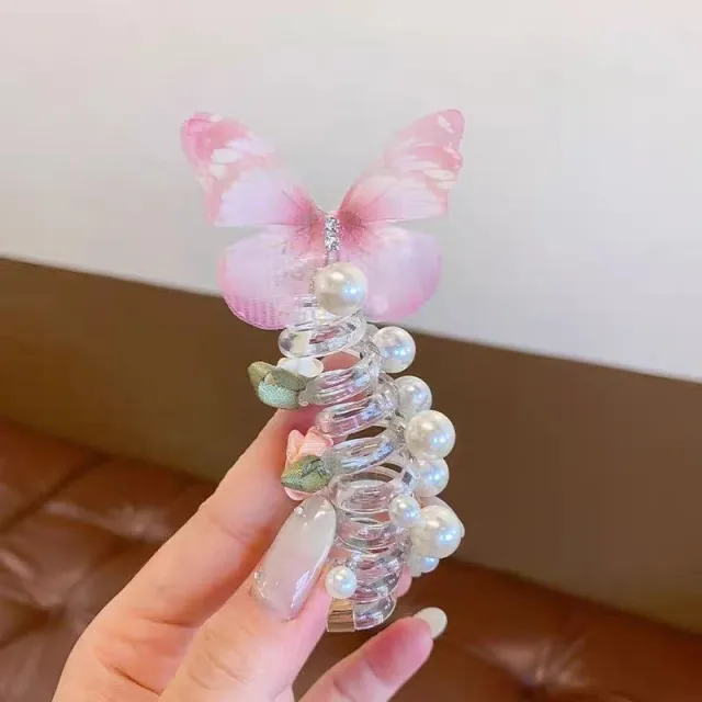 Children's Butterfly Pearl Phone Line Hair Ring Headdress Pink 1Pcs - Shop at LoveMi