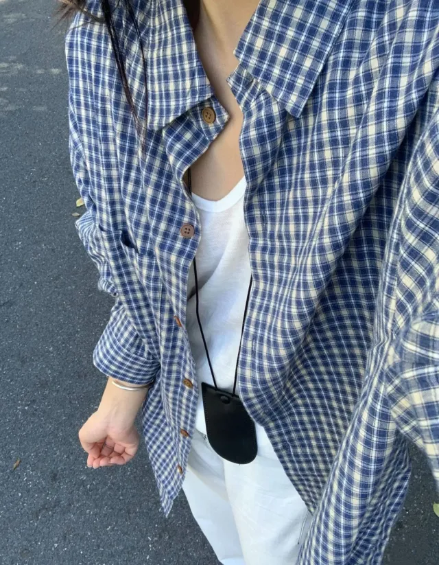 Arrival Loose fit Blue Plaid Long sleeve Sun protective Shirt Blue Plaid - Shop at LoveMi
