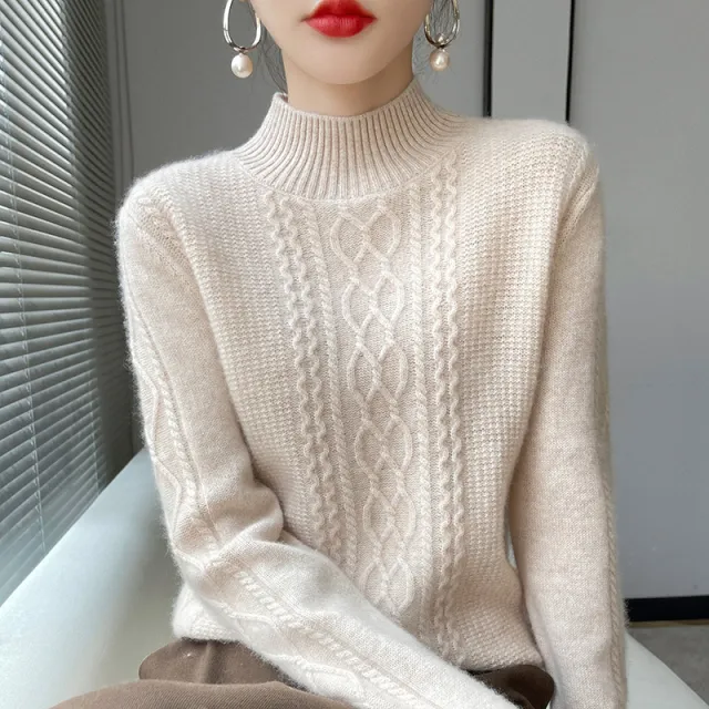 Thickened Half high Collar Cashmere Sweater Beige - Shop at LoveMi