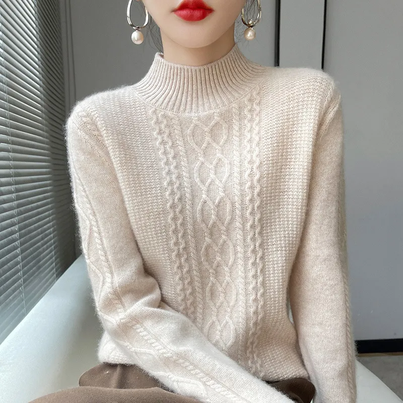 Thickened Half-high Collar Cashmere Sweater - Beige