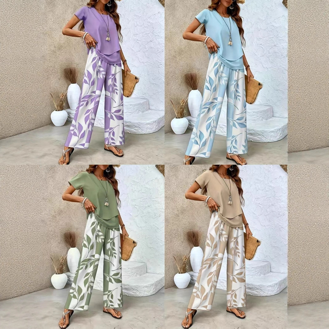 Fashionable Casual Short-sleeve Top And Wide-leg Pants Set