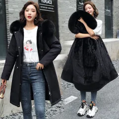 Long Style Large Fur Collar Fleece Lined Cotton Jacket Down Cotton Coat Outerwear - Black - View 1