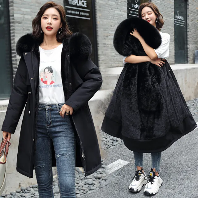 Long Style Large Fur Collar Fleece Lined Cotton Jacket Down Cotton Coat Outerwear Black - Shop at LoveMi