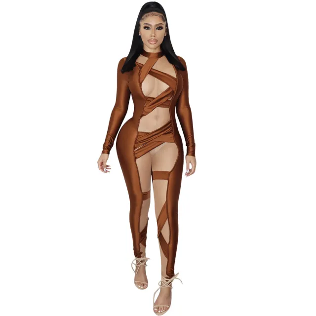 Stitching Long Sleeve Jumpsuit Women Brown - Shop at LoveMi
