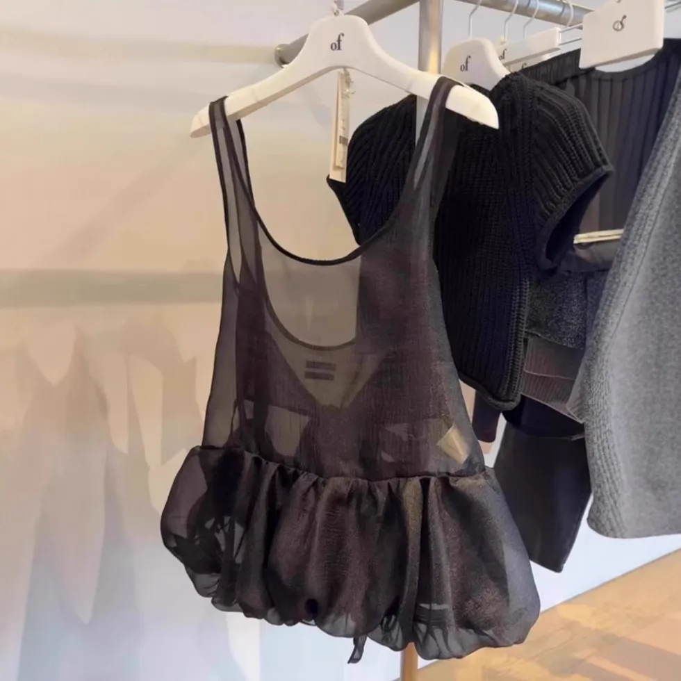 Beautiful Camisole Top Black U-collar Mesh Bud Bandage Dress Shirt Spring - Black