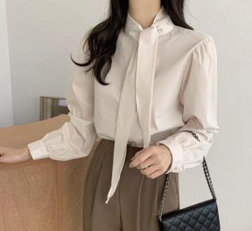 Spring New Gentle Lace-up Bow Tie Design Puff Sleeve Solid Color Shirt For Women