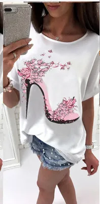 European And American Ladies High Heels Printed Loose Short Sleeve T shirt Khaki - Shop at LoveMi