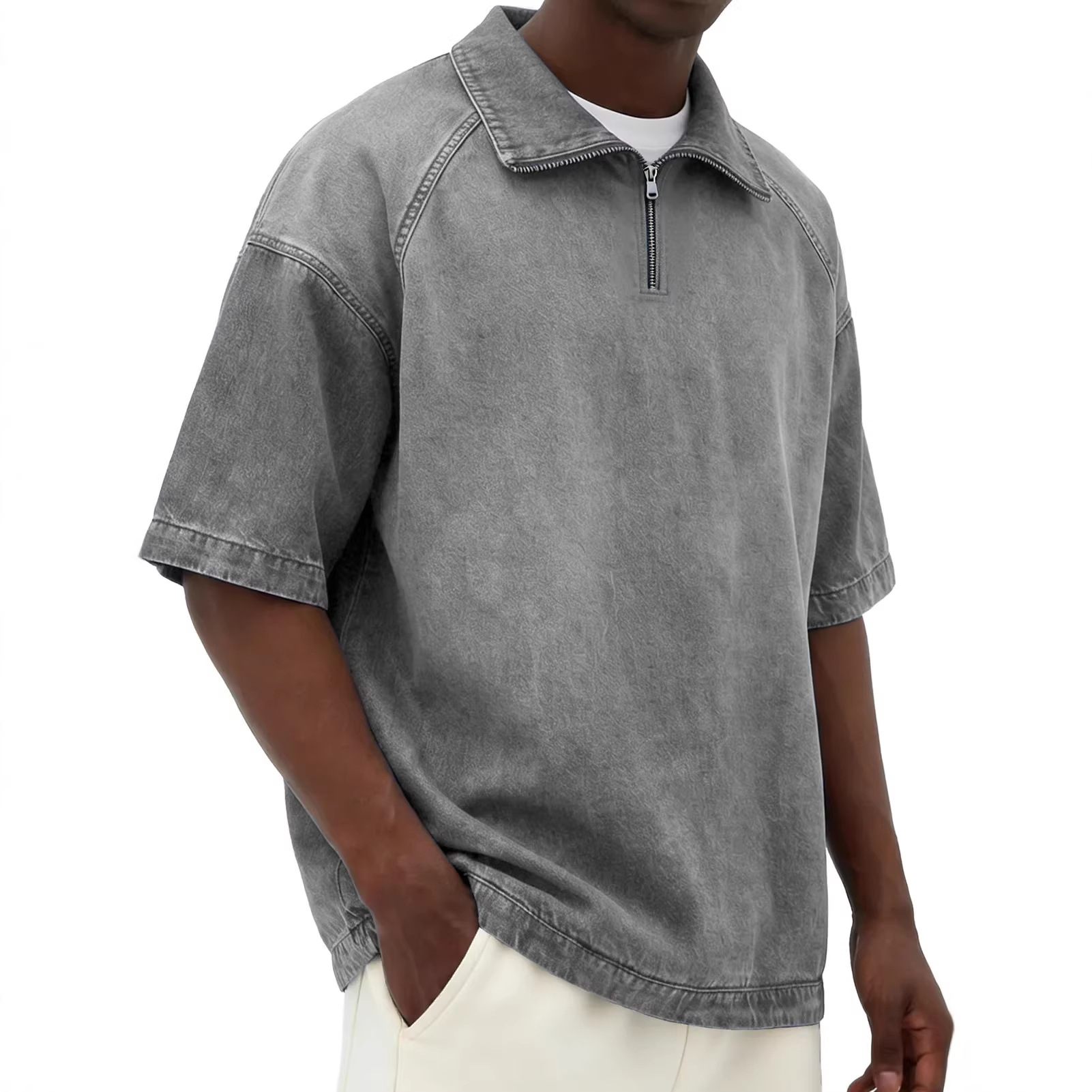 Mens Short-sleeve Lapel Zip-up T-shirt