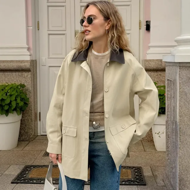 Polo Collar Pure Cotton Contrast Color Loose Casual Jacket Beige - Shop at LoveMi
