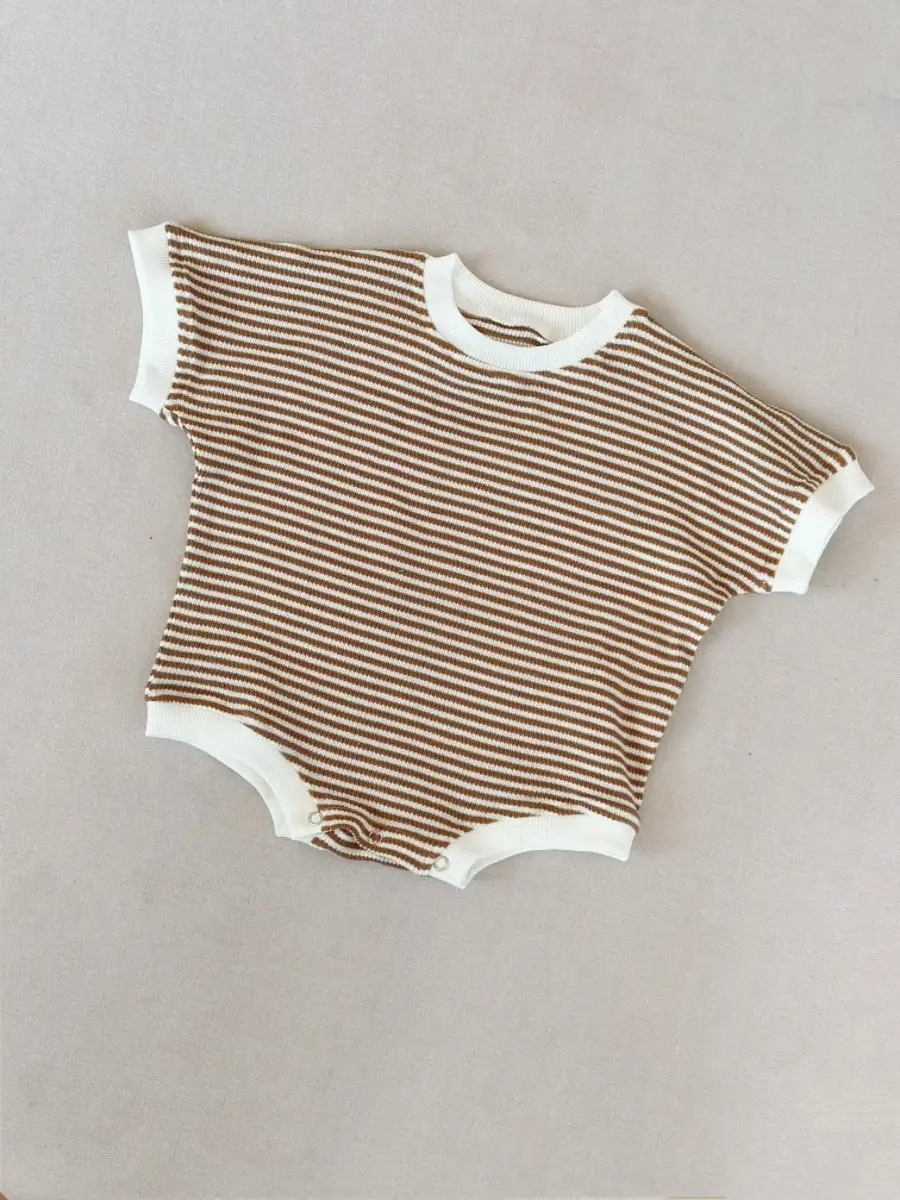 Striped Waffle-Weave Short-Sleeve Baby Onesie Romper Jumpsuit