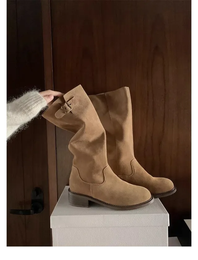 Cowhide Maillard Round Head Buckled Chunky Heel Below The Knee Boots Khaki - Shop at LoveMi