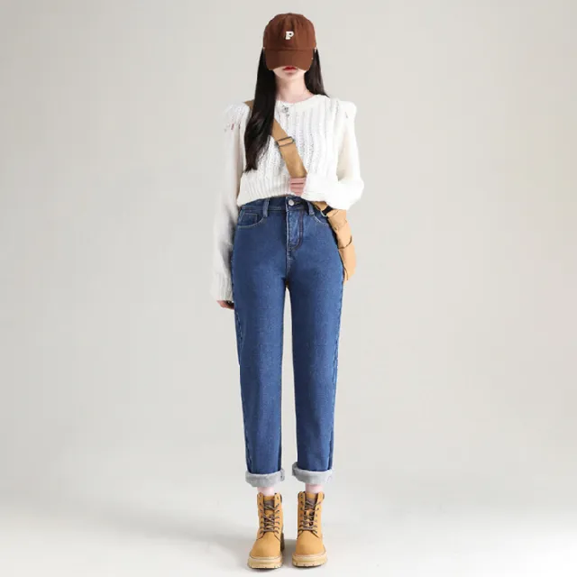 High Waist Thickened Fleece Padded Jeans Women Straight 655 Dark - Shop at LoveMi