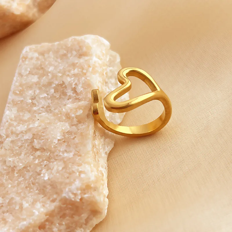Retro Love Heart Ring Stainless Steel Plated 18K Gold Love Trend Ins Ring - Jz Ys394