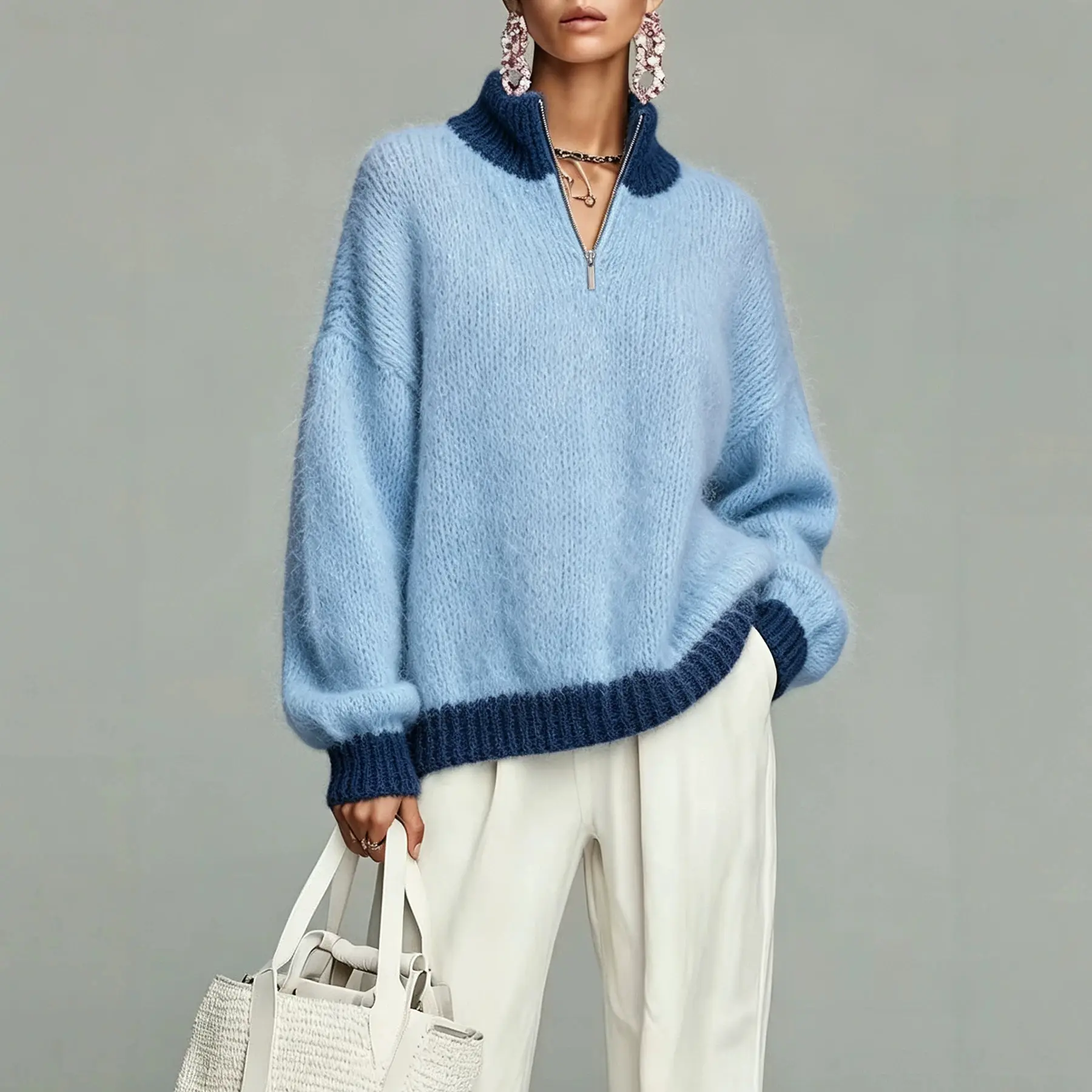 Womens Half Zip Stand Neck Knitted Top