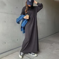 Simple And Sophisticated Solid Color Loose Slim Knee-length Long Sleeve Dress - Dark Gray - View 1