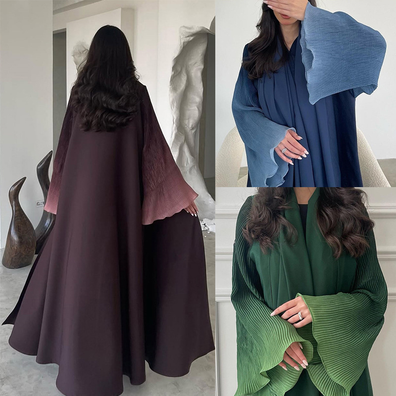 Arabian Dubai Chiffon Pleated Flared-Sleeve Color-Block Coat For Women