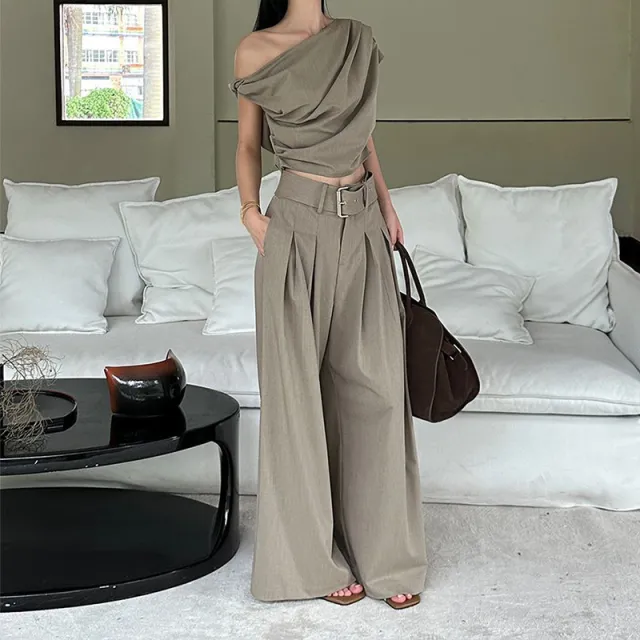 Beige Asymmetrical Tube Top And Wide Leg Pants Womens Khaki - Shop at LoveMi