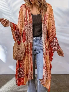 Bohemian Cardigan Aztec Printed Bat Cloak - Orange Red - View 1