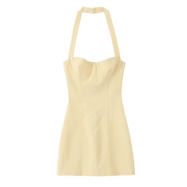 Elegance Sleeveless Slim Fit Backless Hanging Collar Type Dress Yellow - Shop at LoveMi