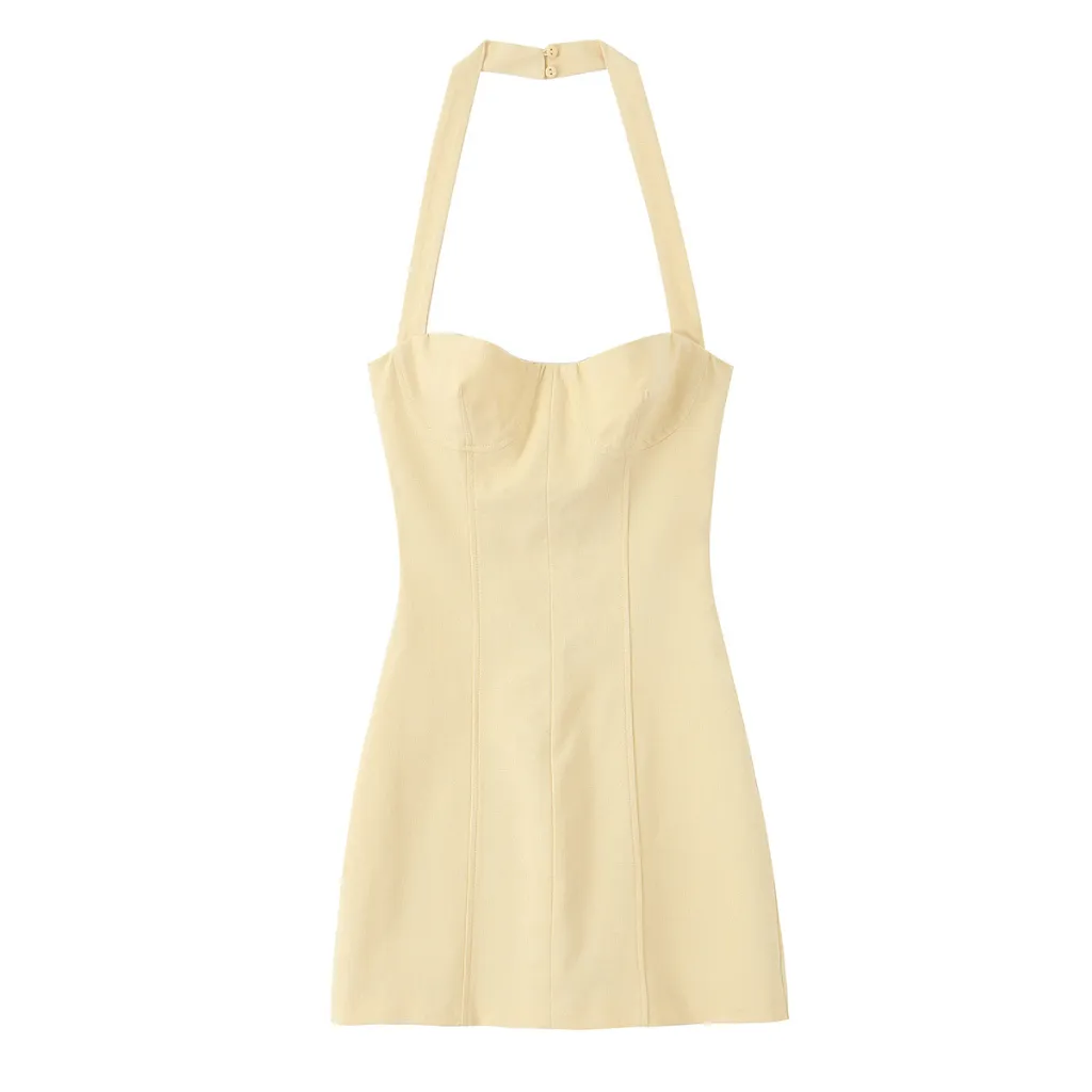 Elegance Sleeveless Slim Fit Backless Hanging Collar Type Dress - Yellow