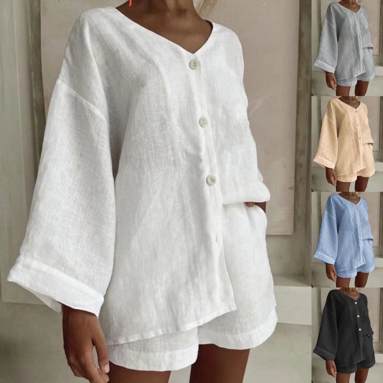 Women's linen shirt and shorts set in khaki – button front long sleeve casual