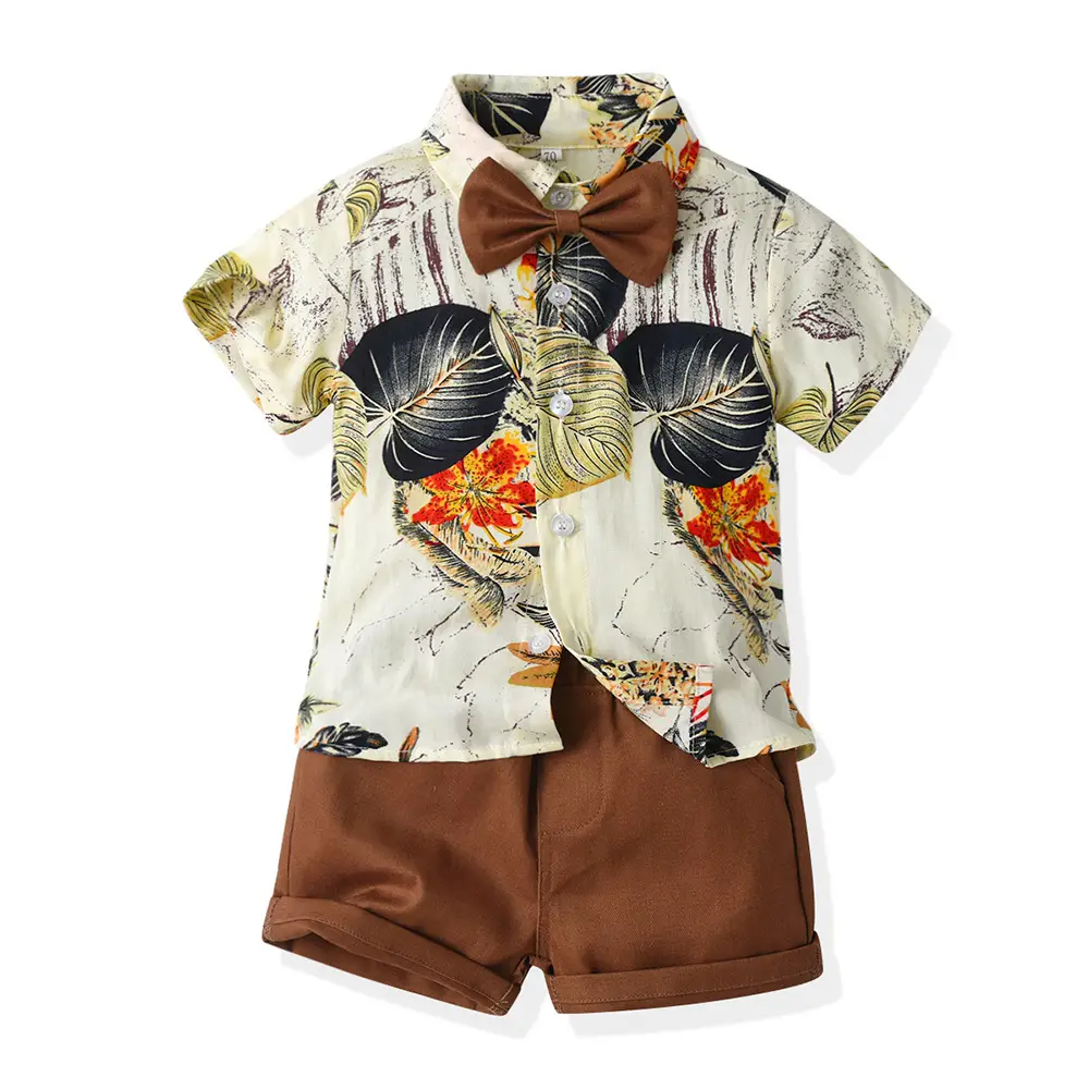 Summer Boys' Casual Short-sleeved Printed Shirt Shorts Two-piece Set