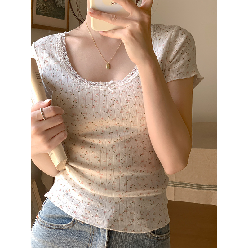 Sweet Lace Bowknot Small Floral Short Sleeve T-shirt