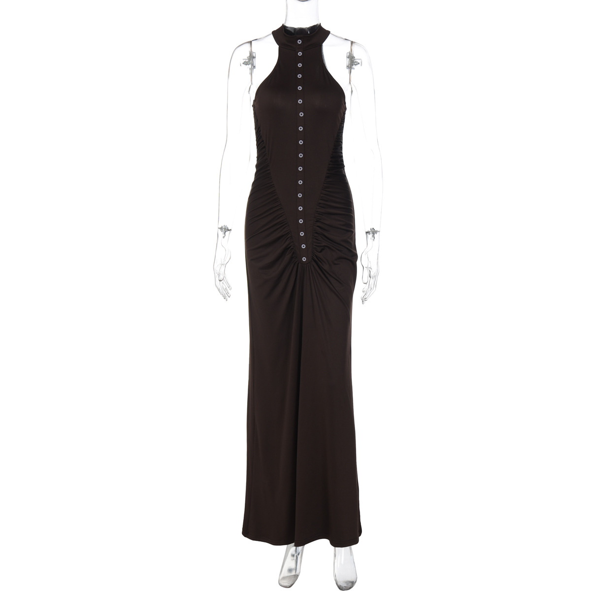 Fashionable Slim fit Creased Button Round Neck Sleeveless Dress Brown - Shop at LoveMi