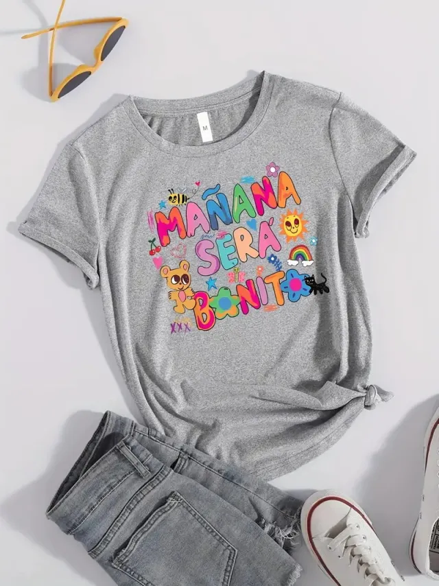 Round Neck Bear Letter Pattern Printed Short Sleeve Gray - Shop at LoveMi