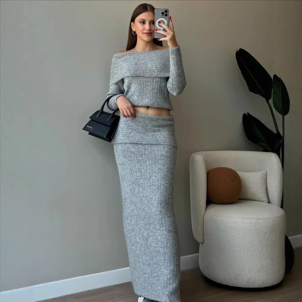 Fashion Shoulder-baring Skirt Elegant Outfit Women - Slabstone Gray