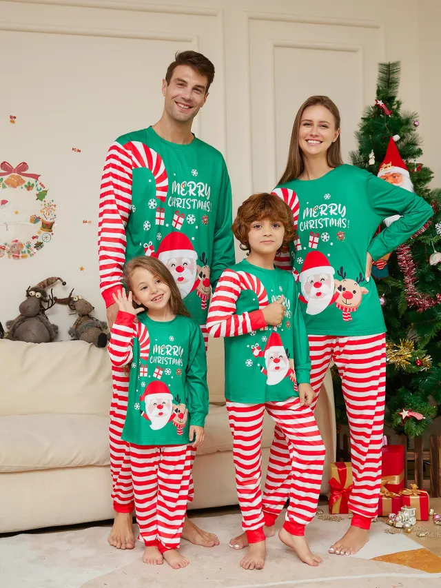 Cartoon Santa Claus Letter Printing Parent child Christmas Pajamas Home Wear Suit Green - Shop at LoveMi