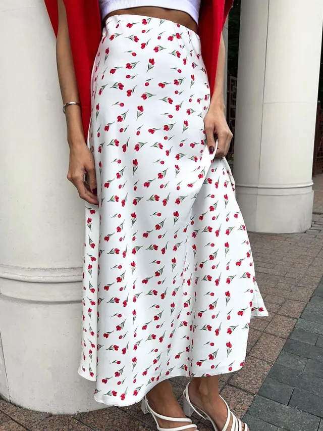 Spring Elegant High Waist A Line Fishtail Cherry Printed Dress White - Shop at LoveMi