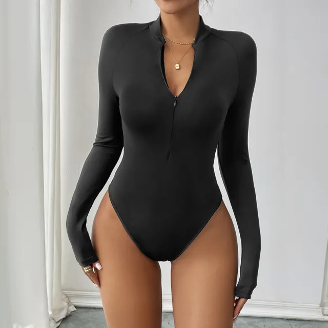 Sexy Casual Simple Half Zipped Stand Collar Long Sleeve Solid Color Jumpsuit Black - Shop at LoveMi