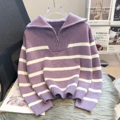 Women's Contrast Colour Striped Sweater With Zipper - Purple - View 1