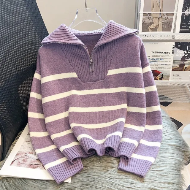 Women's Contrast Color Striped Sweater With Zipper Purple - Shop at LoveMi
