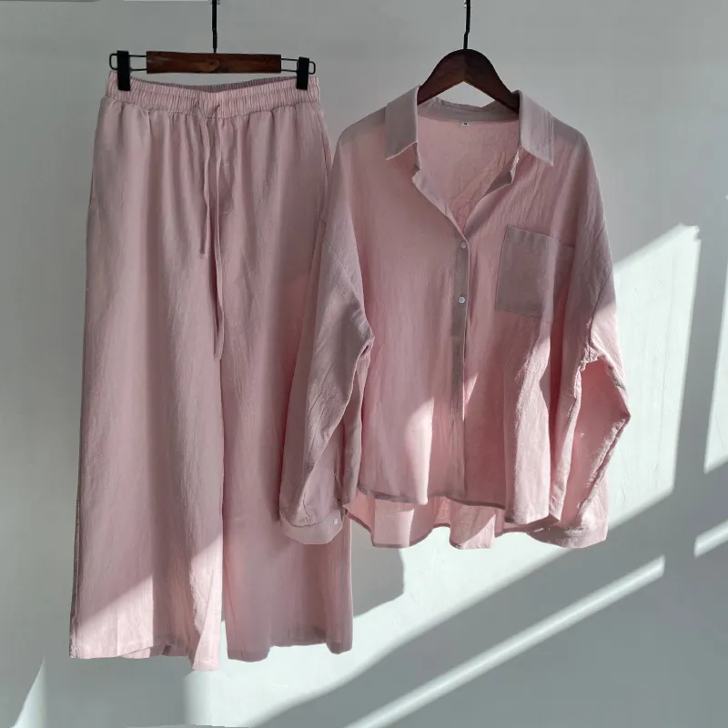 Women's 2-piece Retro Plus Size Cotton Linen Shirt Outfit High Waist Loose Trousers - Pink