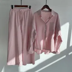 Women's 2-piece Retro Plus Size Cotton Linen Shirt Outfit High Waist Loose Trousers - Pink - View 1