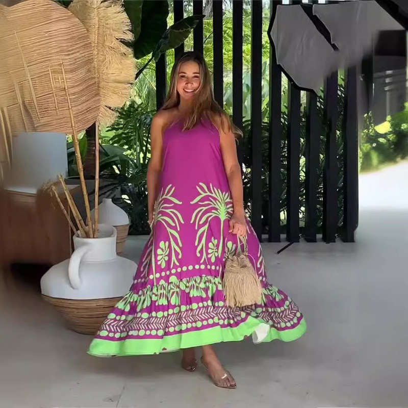 Floral Print Sleeveless Loose Halter Dress Rose Red - Shop at LoveMi