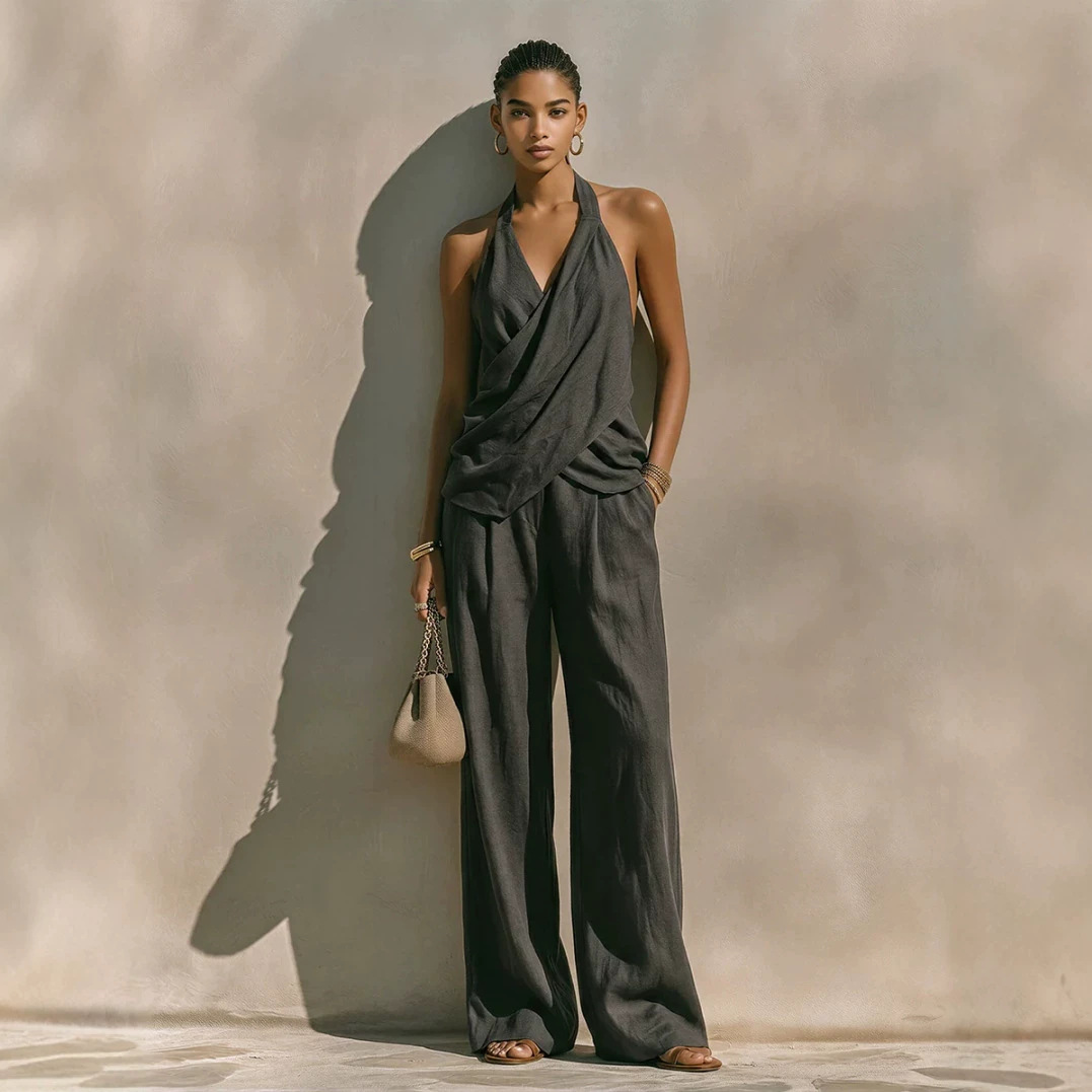 Sleeveless Halter-neck V-neck Backless Top And Pants Set