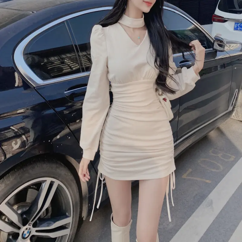 Long Sleeve Fleece-lined V-neck Halter Drawstring Waist Slimming Temperament Base Hip Bag Dress