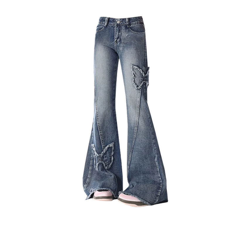 Vintage Butterfly Paste Cloth Embroidery Jeans Straight leg Wide leg Pants Dark Blue - Shop at LoveMi