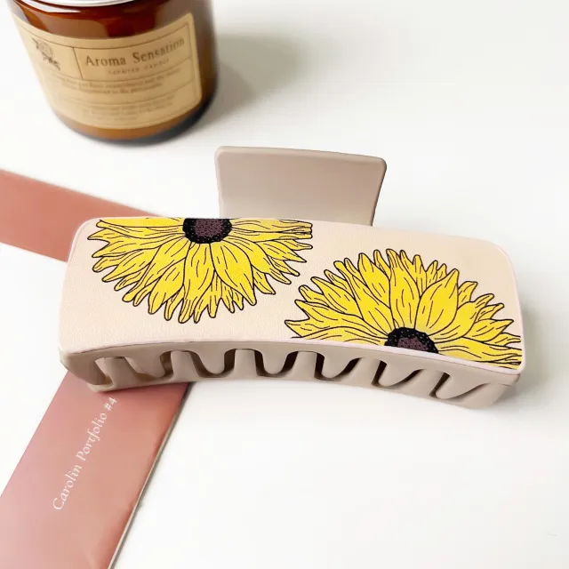 Western Denim Style Fashion Retro Printed Pu Barrettes Light Coffee Sunflower - Shop at LoveMi
