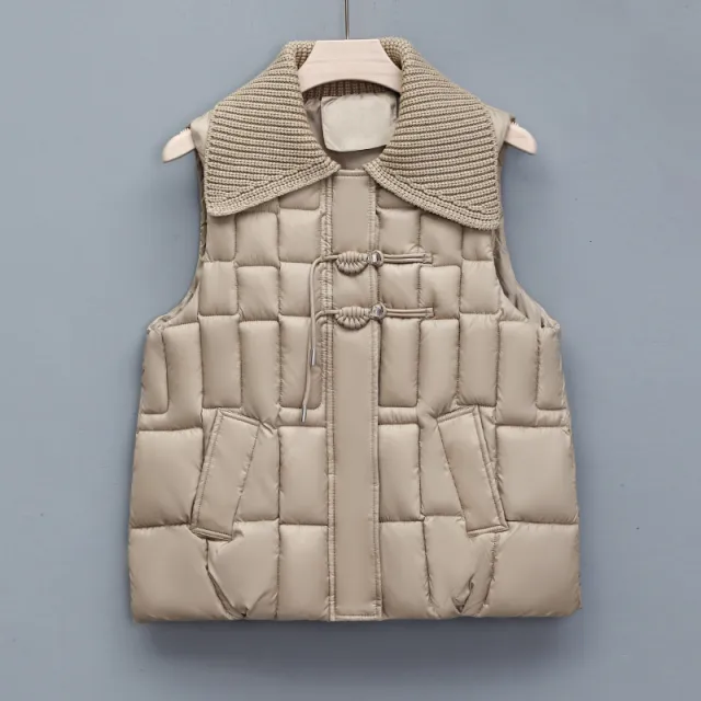Stand Collar National Style Buckle Knitted Lapel Sleeveless Cotton padded Jacket Vest Khaki - Shop at LoveMi